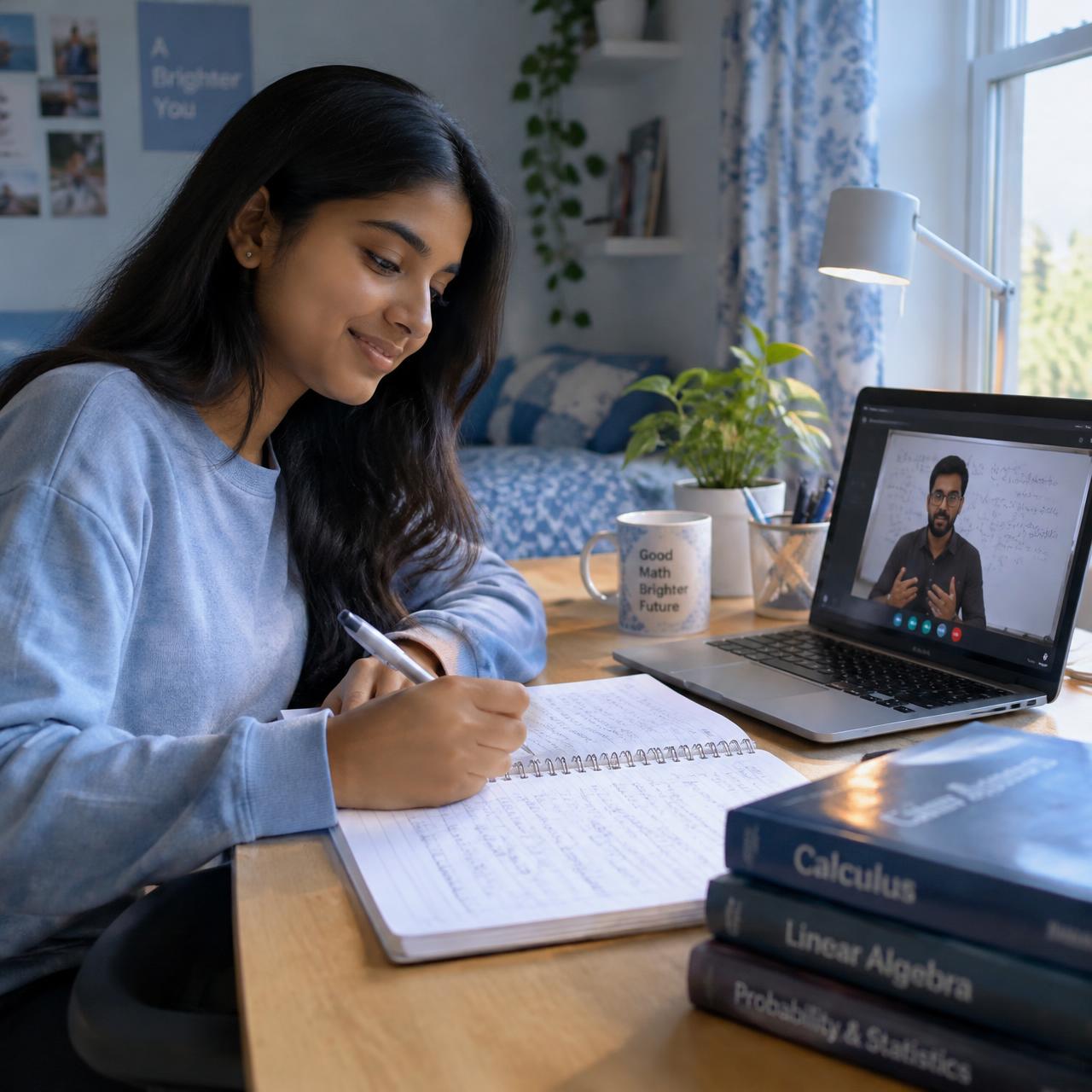 Student smiling while solving maths in her notebook during an online lesson